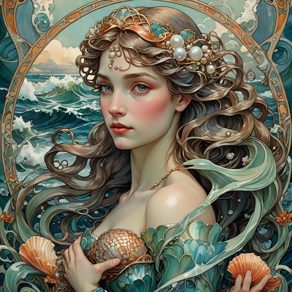 Art Nouveau Mermaid in Stormy Sea with Pearl