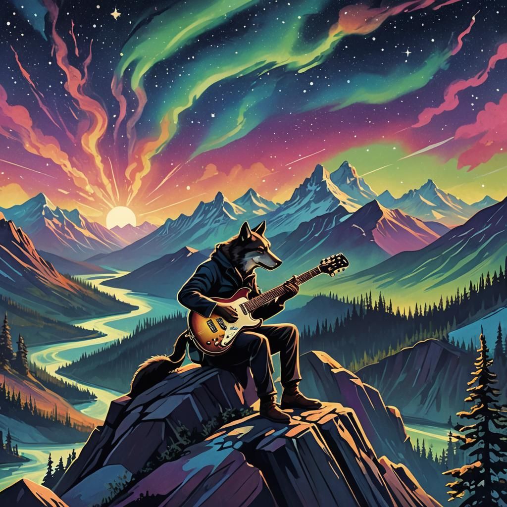 Vintage Alaska Travel Poster with Guitarist and Aurora