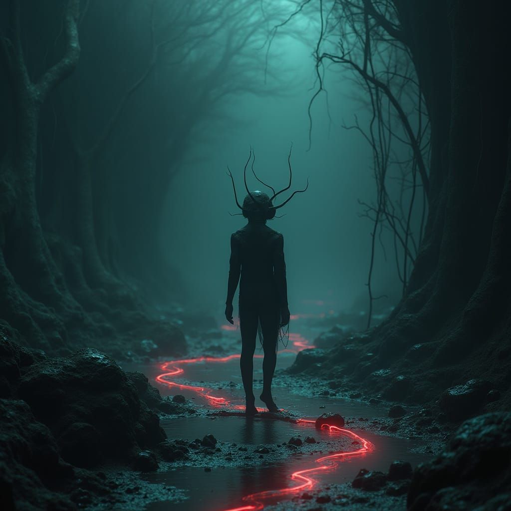 Cyberpunk Figure in Neon Biomechanical Landscape