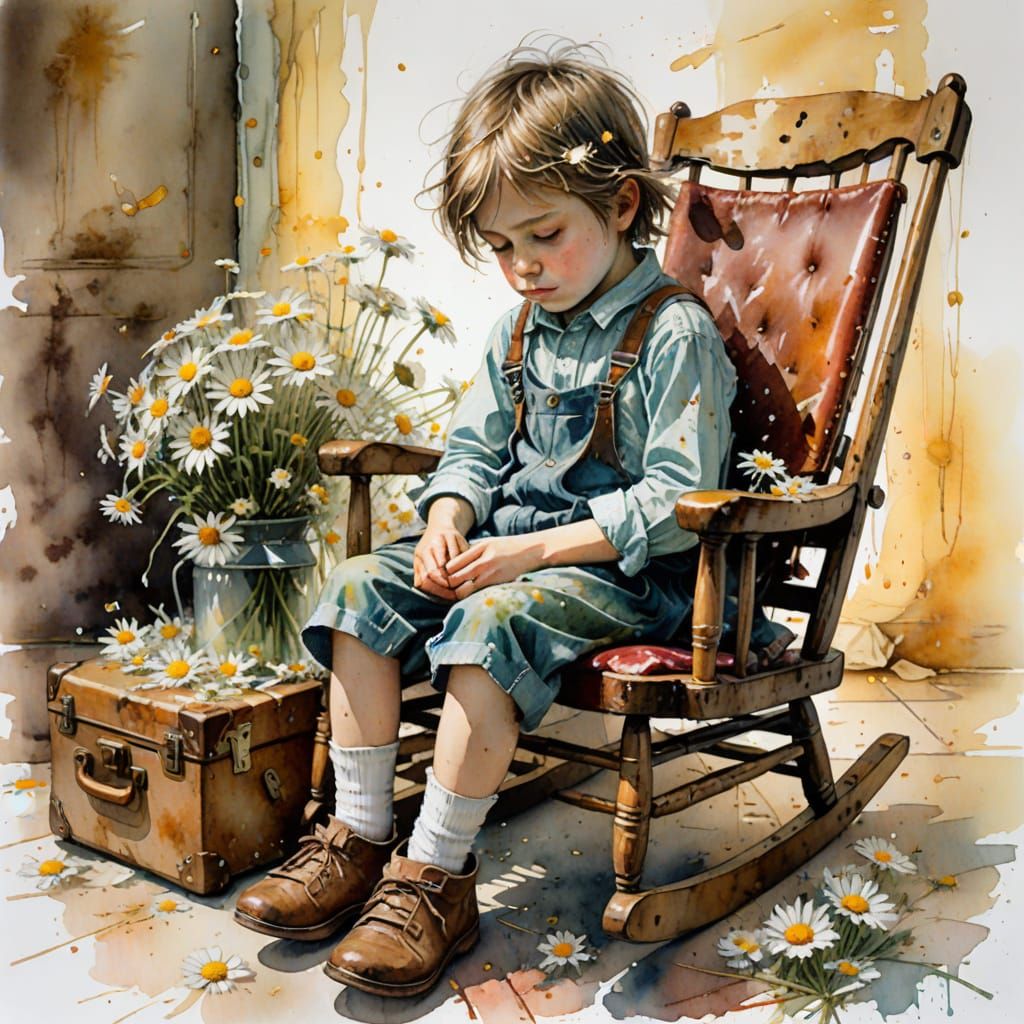 Melancholic Child in Watercolor Style Beside Suitcase