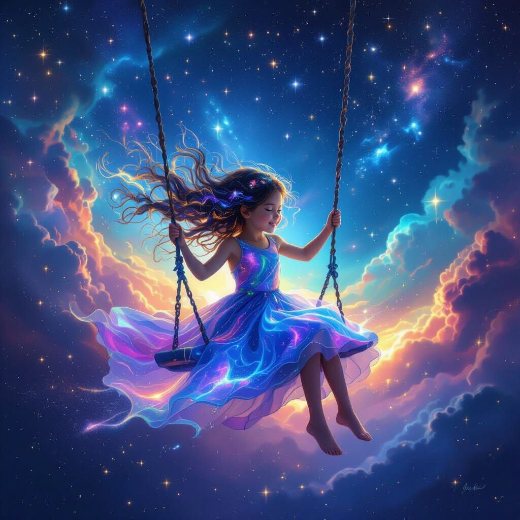 Cosmic Girl Swinging Through Starry Heavens