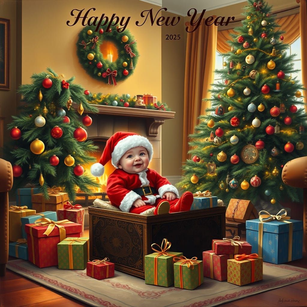 Traditional Christmas Scene with Gifts and a Baby Santa Near...