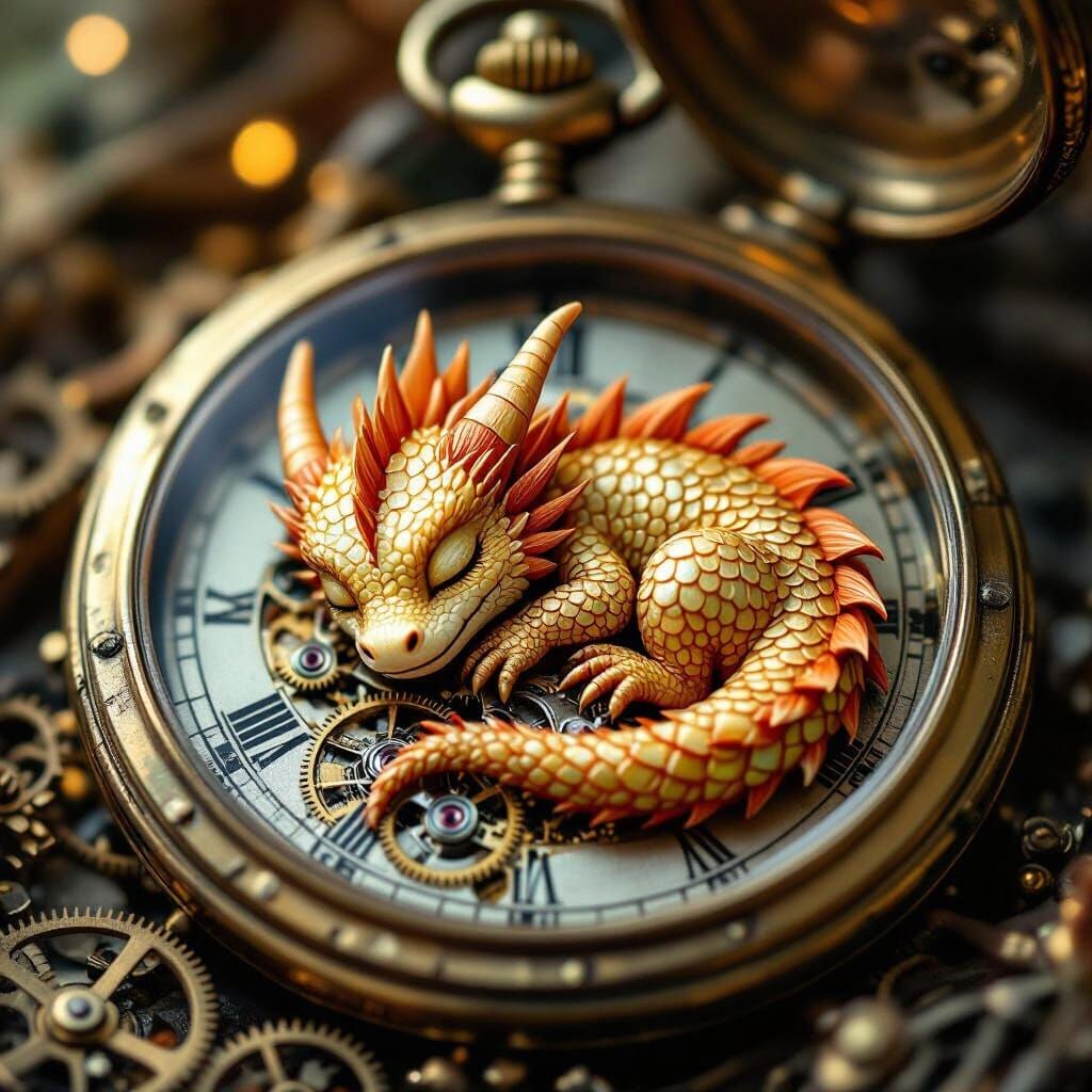 Sleeping Dragon in Pocket Watch, Ghibli Style