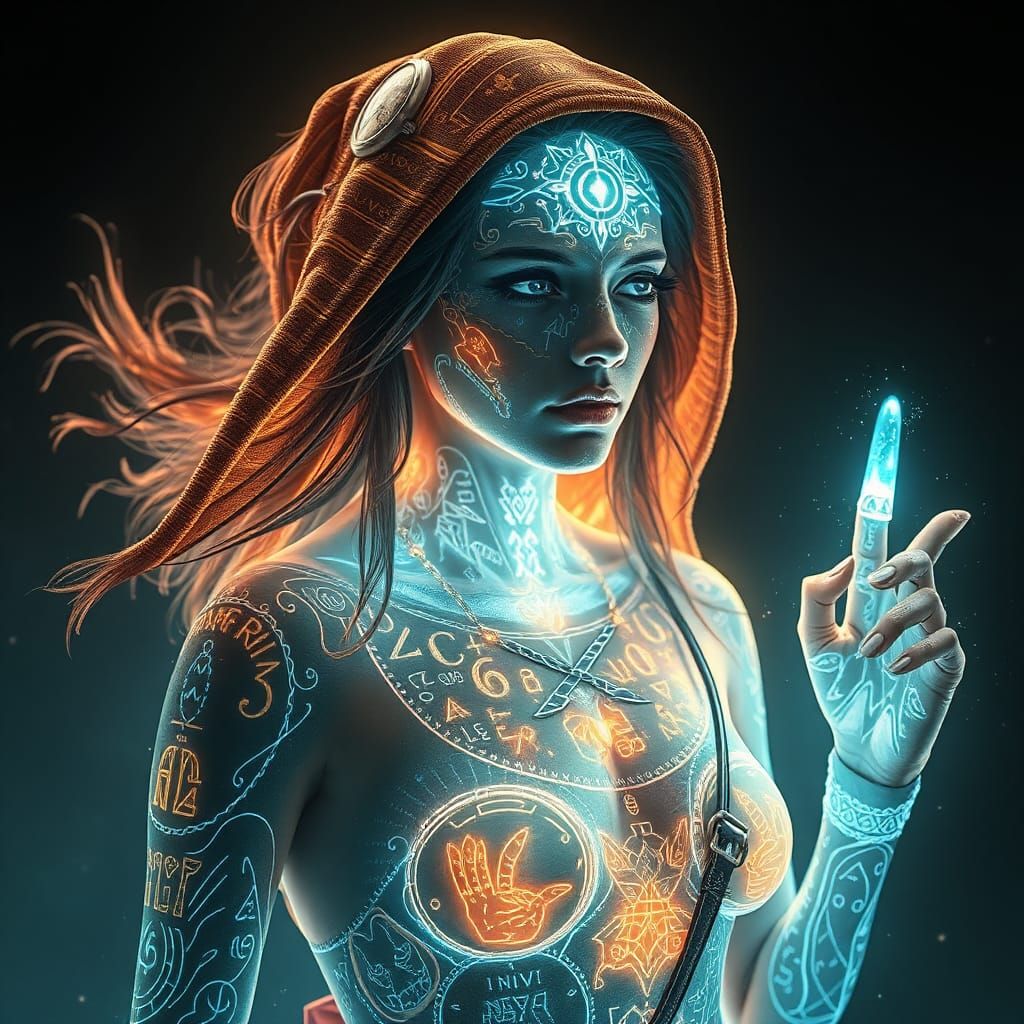 Radiant Woman Explorer with Glowing Hieroglyphs