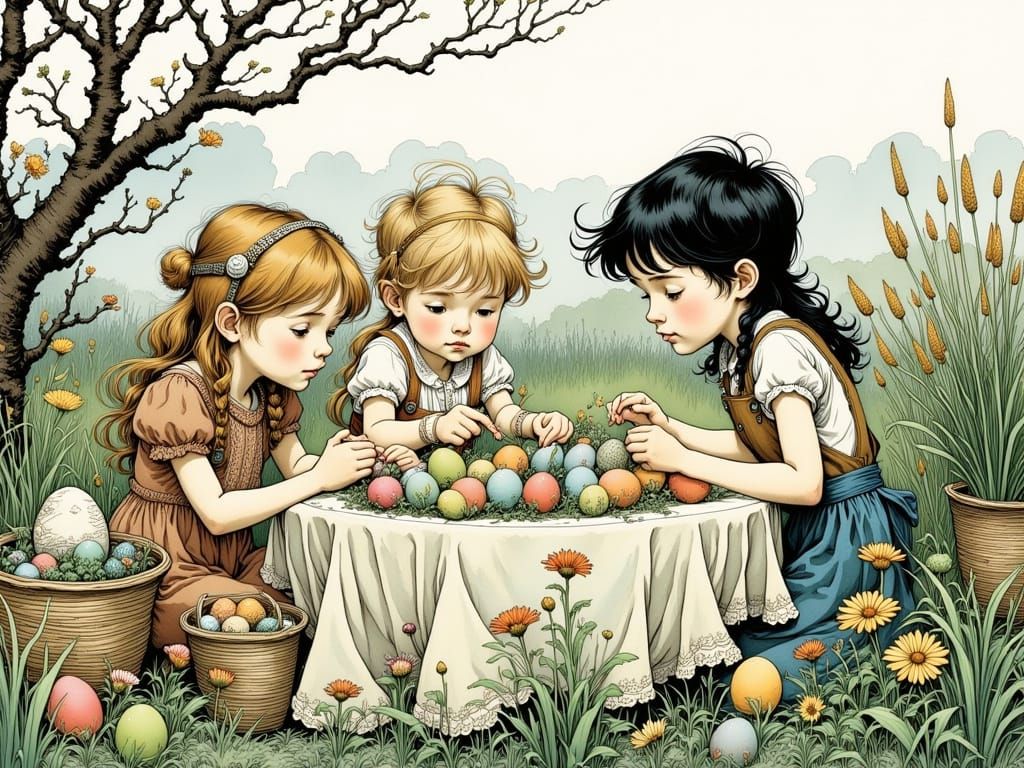 Children's Easter Egg Painting Scene in Whimsical Style