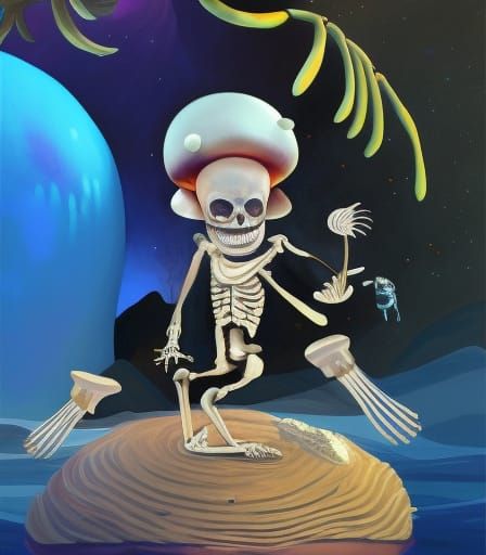 A Skeleton fishing on the moon with mushroom people, oil pai...