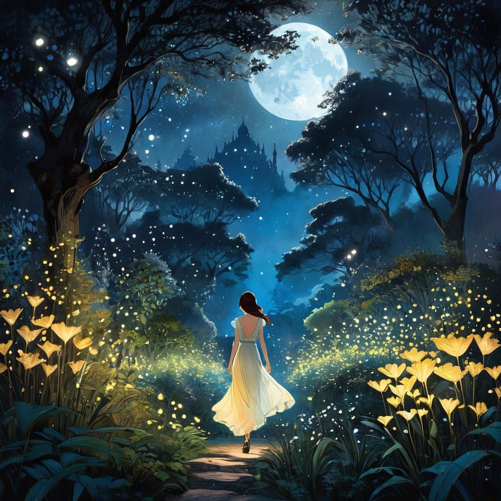 Woman in a Dreamlike Night Garden Scene