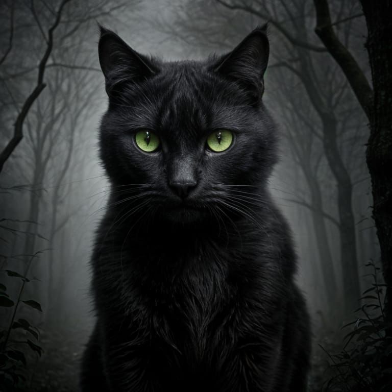 Menacing Black Cat with Green Eyes in Spooky Woodland