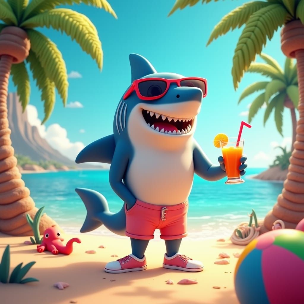 Cartoon Shark's Beach Vacation in Unreal Engine Style