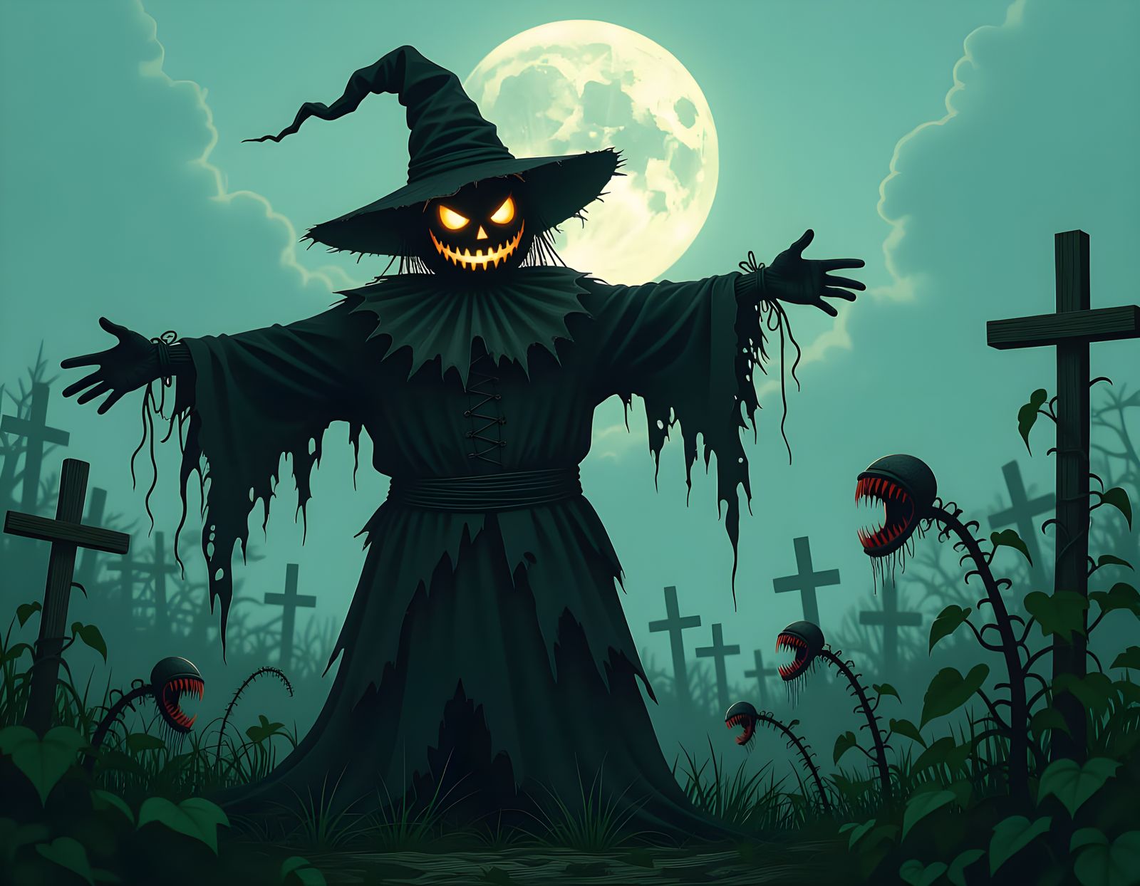 Sinister Scarecrow Guarding Moonlit Macabre Garden