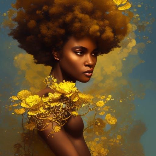 African Goddess with Golden Flowers, Detailed Portrait