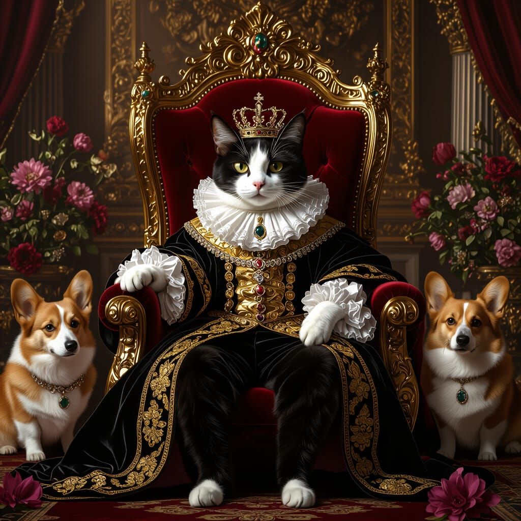 Regal Cat on Throne with Corgi Servants
