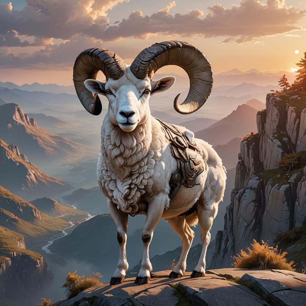 beautiful ram standing on a high cliff looking out at the mo...