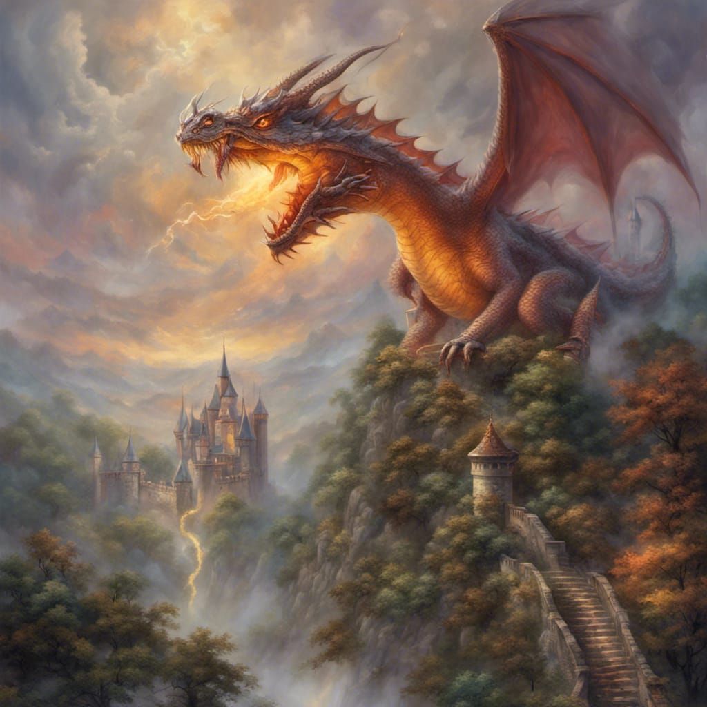 Majestic Fire-Breathing Dragon Flies to Castle
