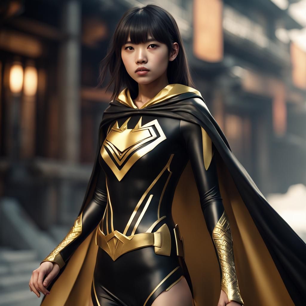Japanese-Black Superheroine in Gold and Black Costume