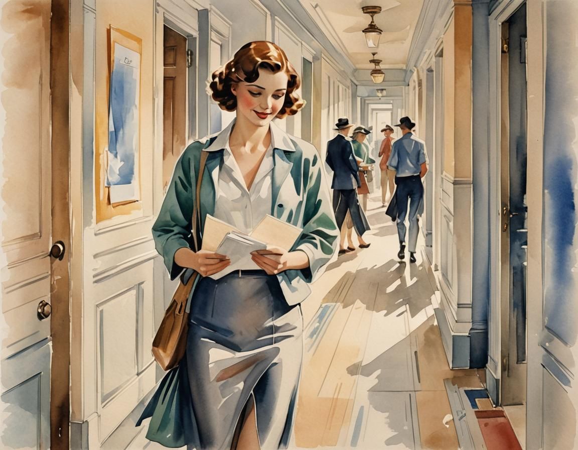 Happy Student in Art Deco Watercolour Style