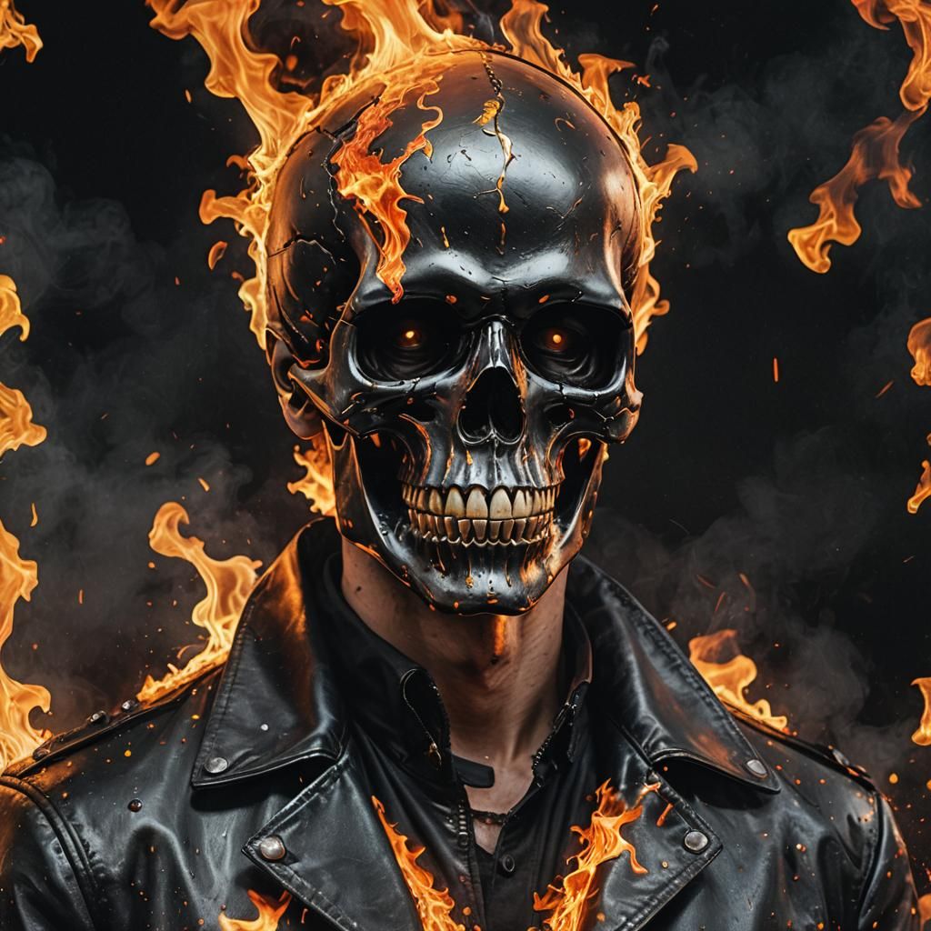 Burning Skull Man in Black Leather Coat