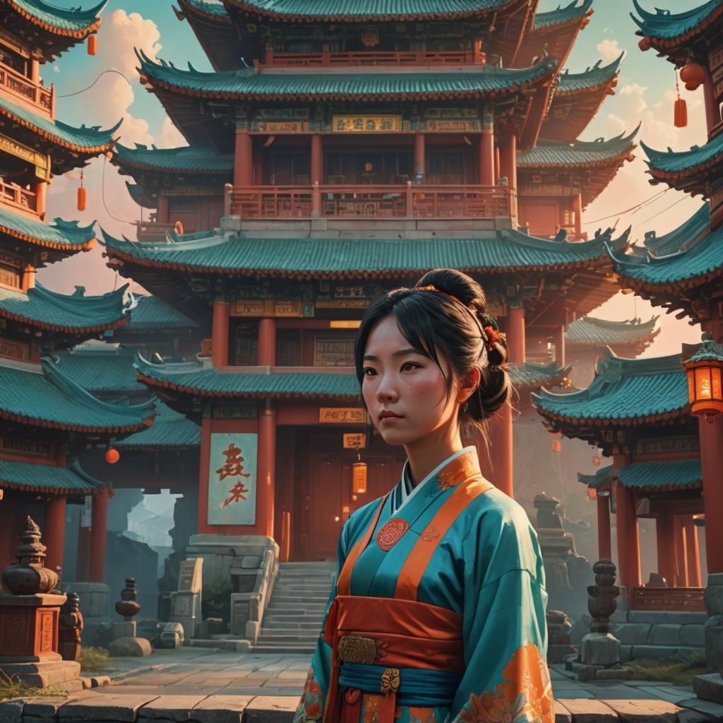Anime Girl Admiring Chinese Temple in Matte Painting Style
