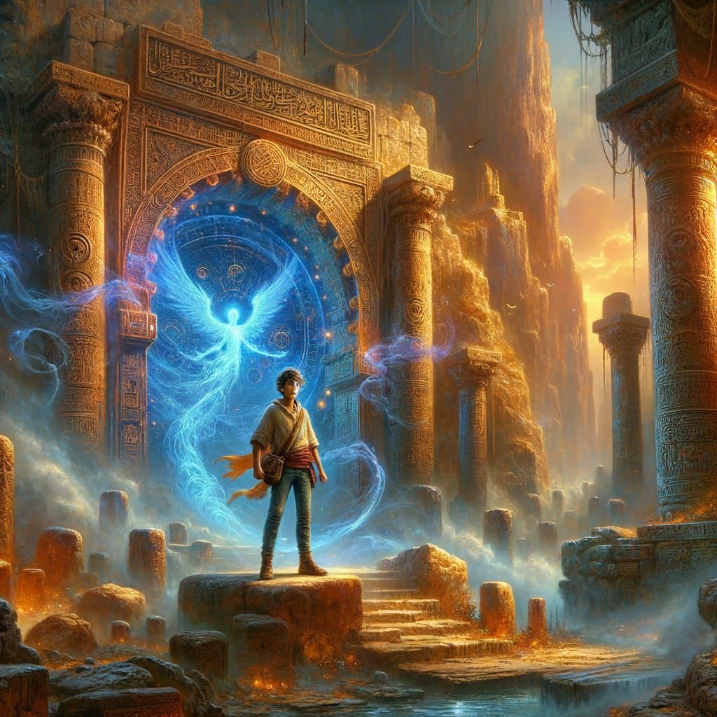 Confident Hero in Ancient Temple Ruins, Romantic Oil Paintin...