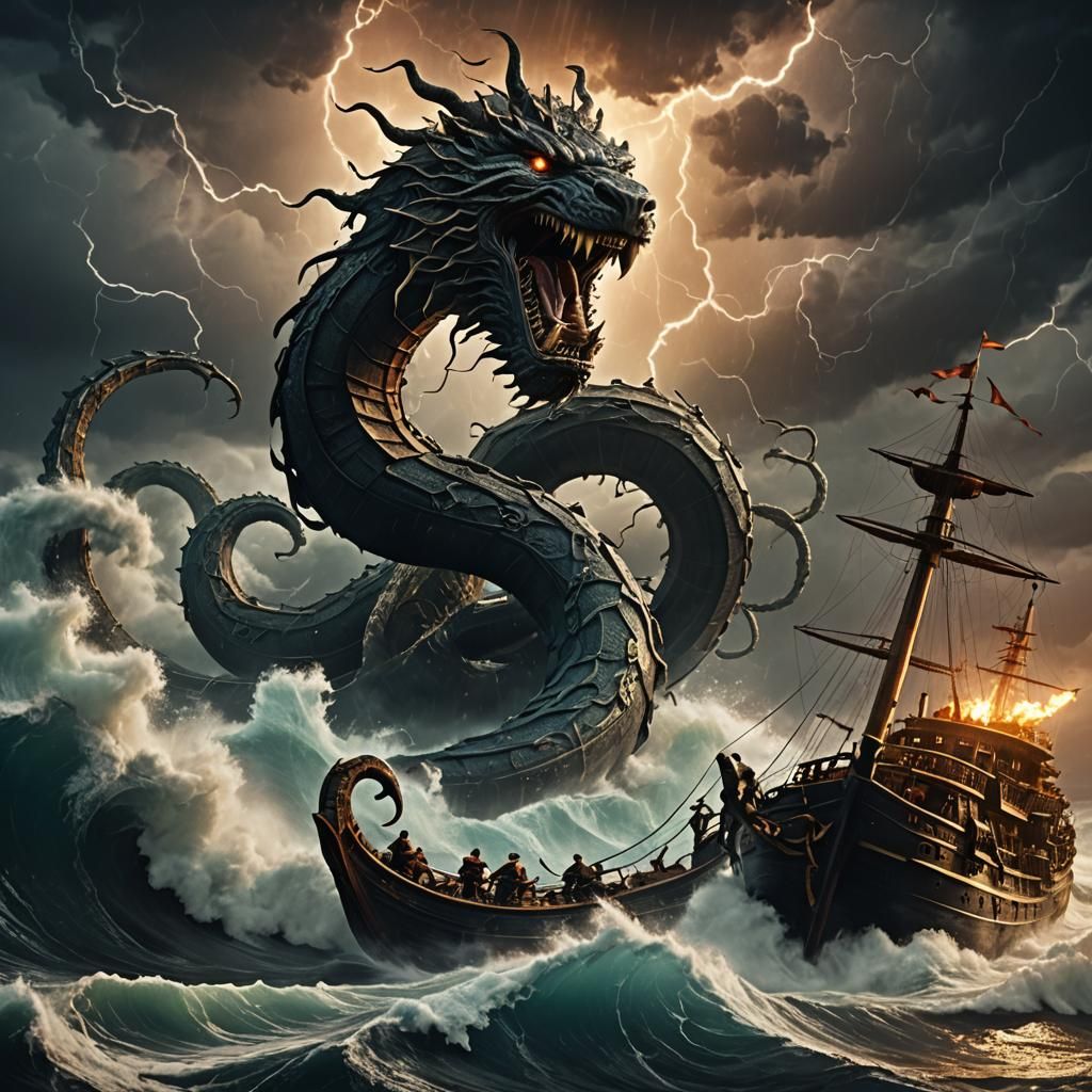 Ocean King Confronts Serpent in Storm, Unreal Engine 5