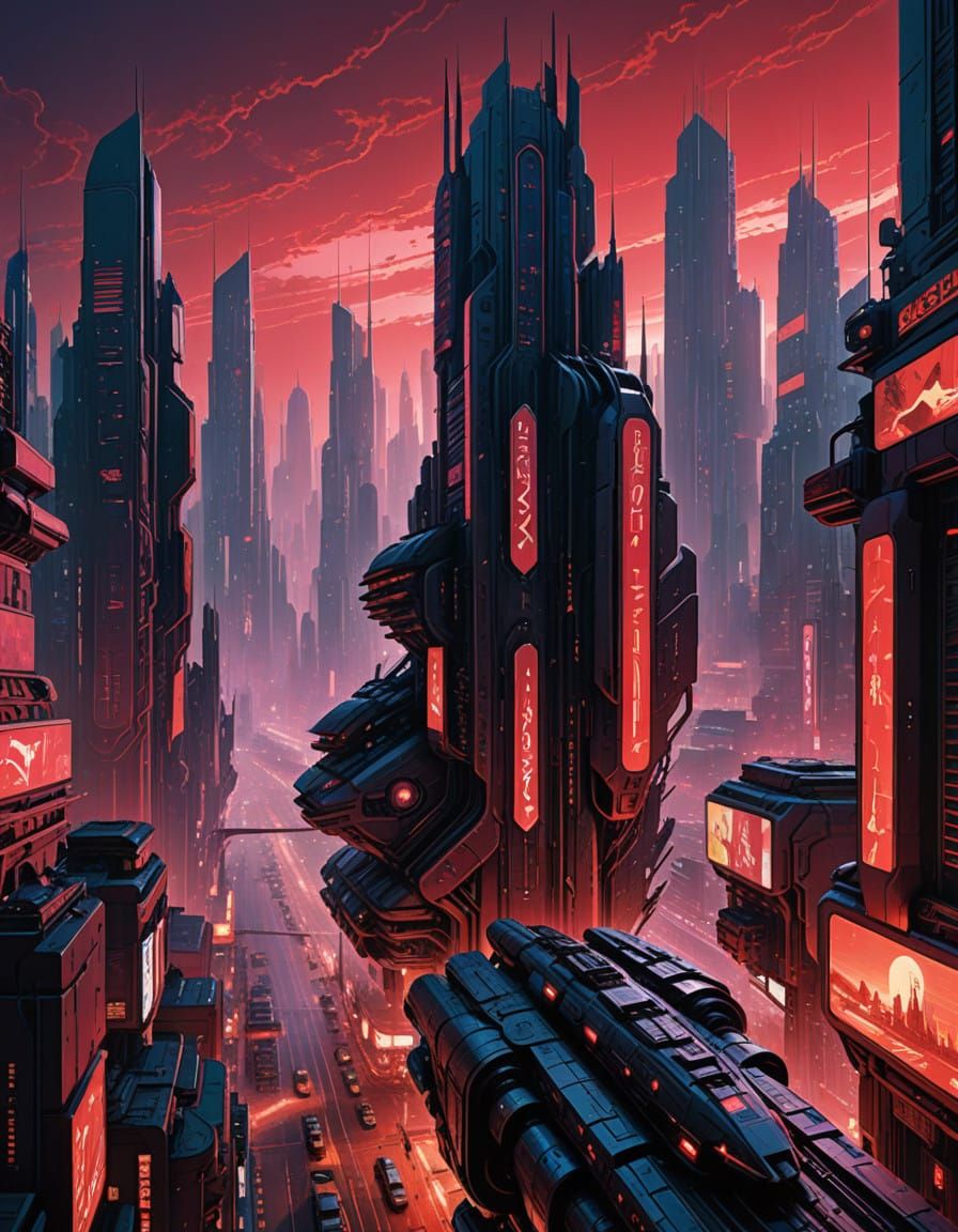 Surreal Futuristic Metropolis at Dusk in Cyberpunk Style