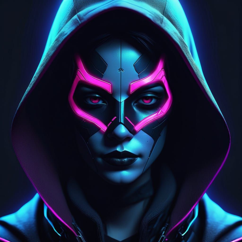 Cyberpunk Hooded Figure with Magenta Mask
