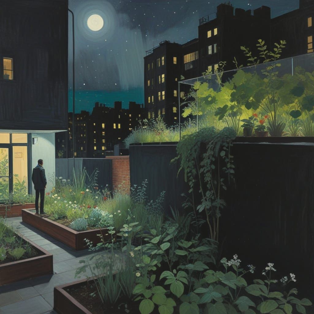 Night Rooftop Garden in Abstract Style