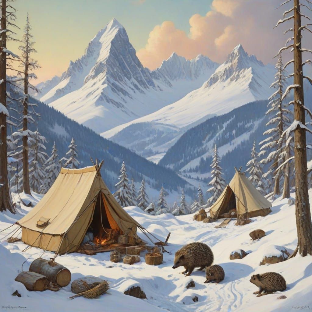 Winter Alpine Landscape with Hedgehog Camp in Oil Paint Styl...
