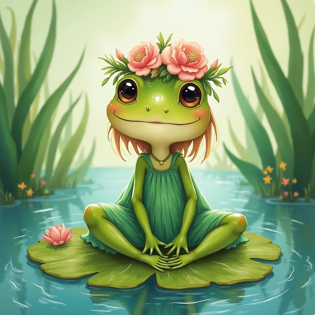 Whimsical Watercolor Frog Princess on a Lily Pad
