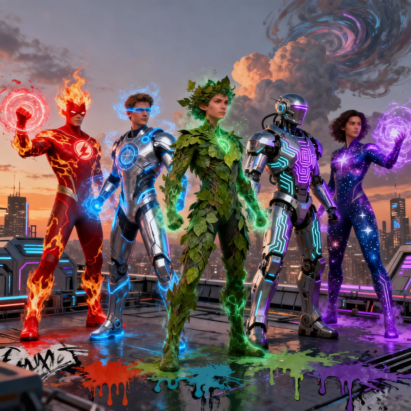 Superhero Team on Futuristic Rooftop at Dusk