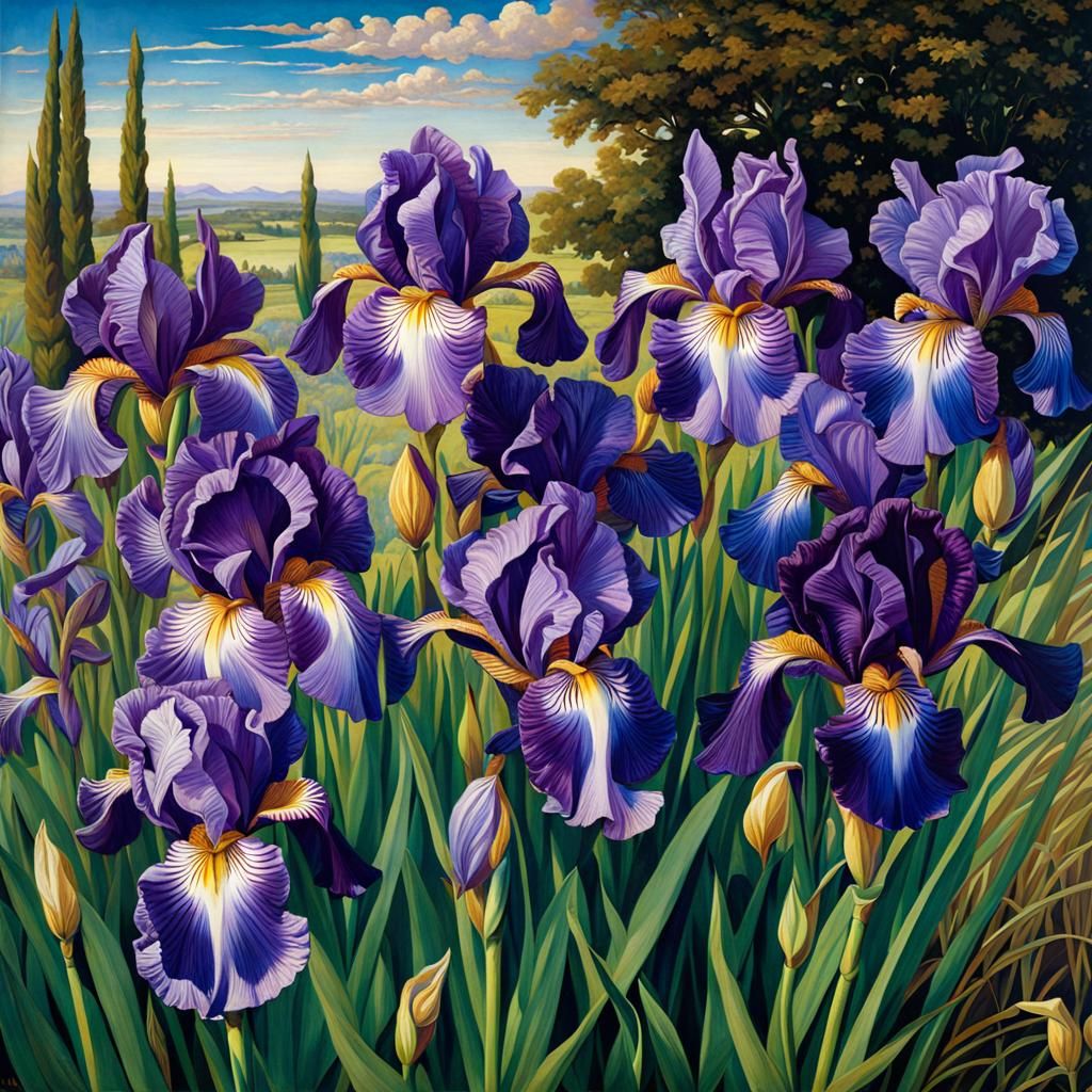 Purple Irises in a Blue Sky, an Anime-Inspired Masterpiece