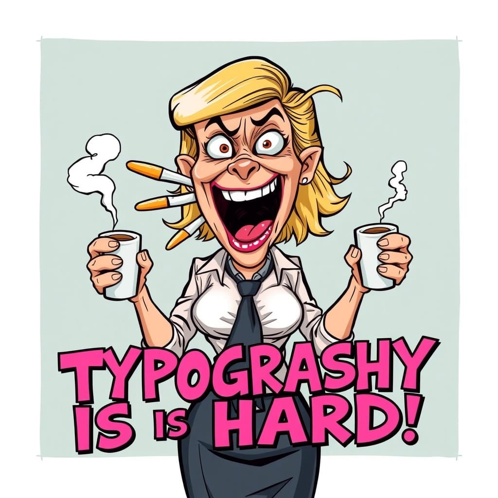 Comical Woman Overwhelmed by Typographical Chaos in Whimsica...