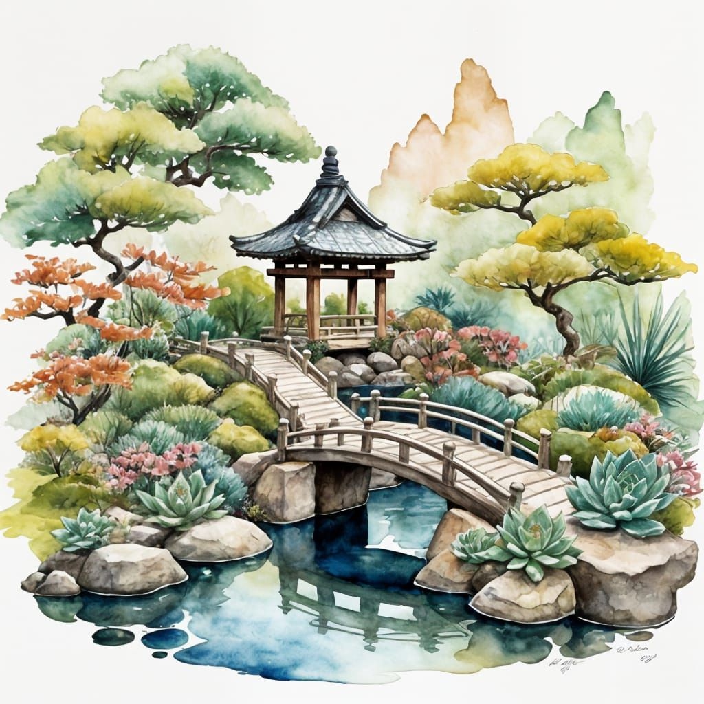 Serenely Illustrated Japanese Tea Garden in Vibrant Watercol...