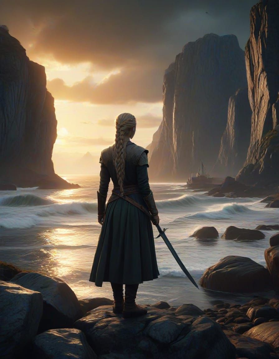 Norse Warrior Girl on Cliff with Airships