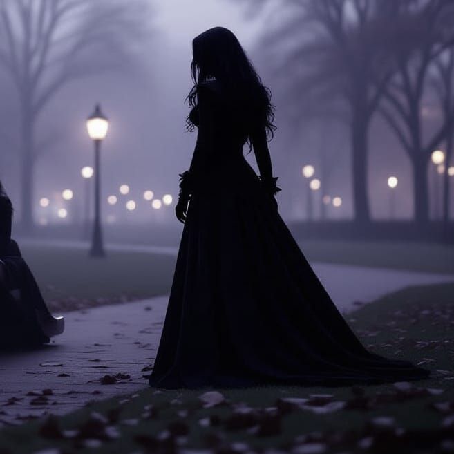 Dark Vampire Lurking at Park Slide in Purple Fog