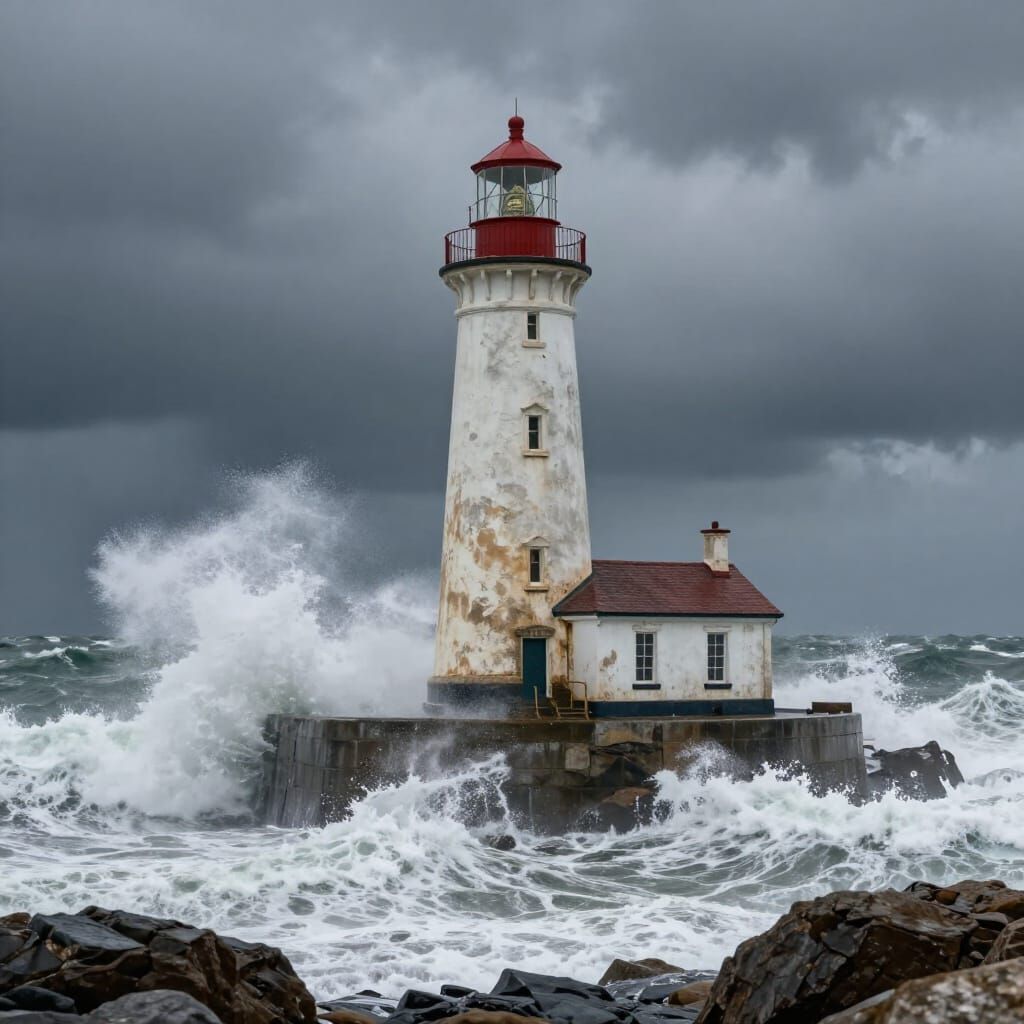 Lighthouse Braving Stormy Seas in Romantic Realism Style