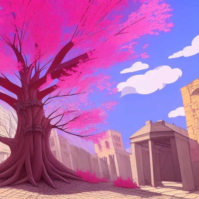 Great Tree with Pink Leaves in Ruined City