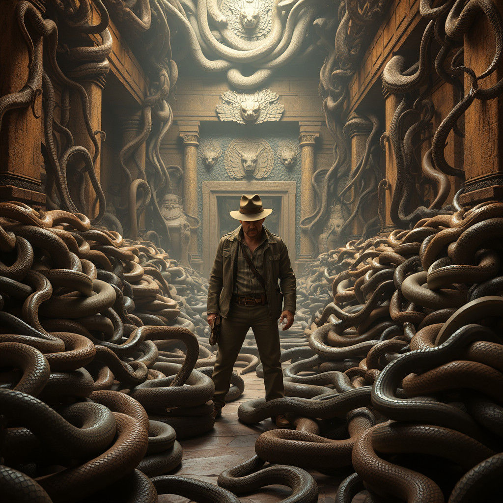 Indiana Jones Surrounded by Snakes in Ancient Temple