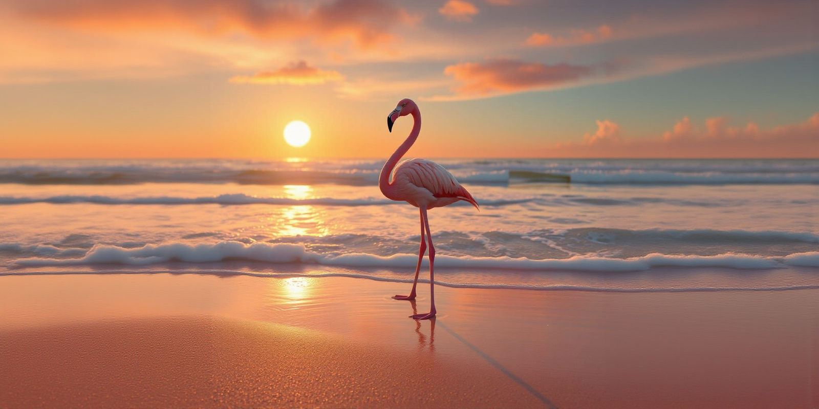 Surreal Pink Flamingo in Sunset Ocean Scene