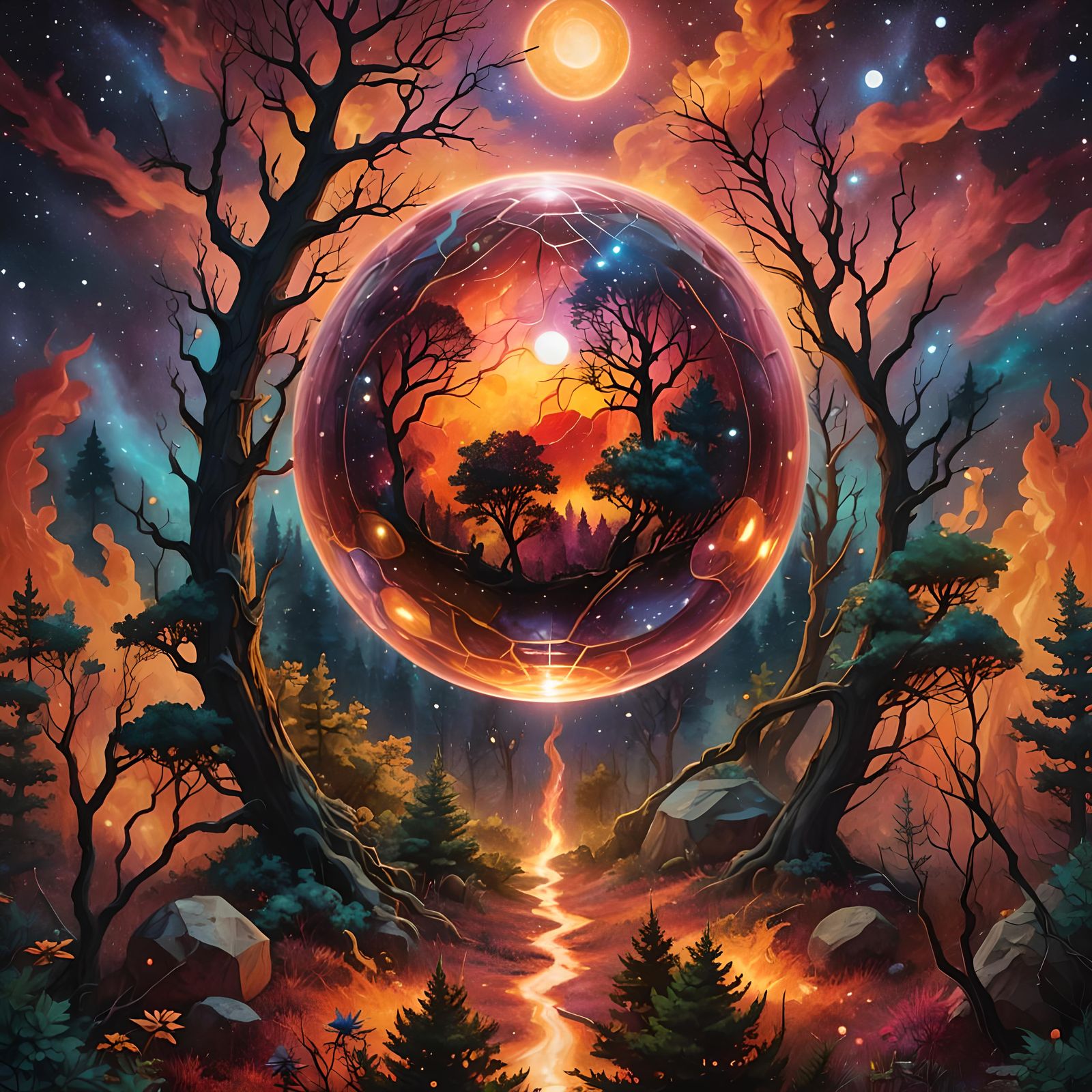 Crystal Orb: Forest Inferno in Space, Holographic Illustrati...
