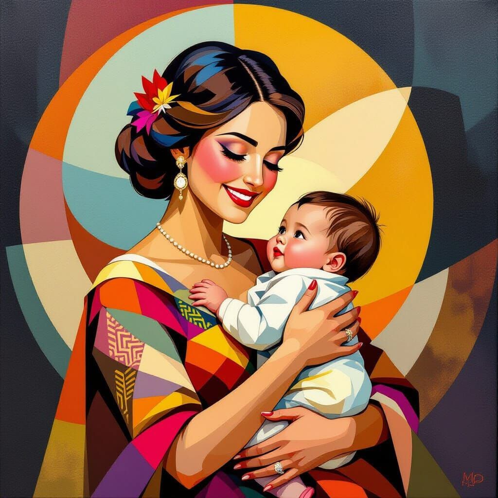 Mother and Child in Cubist Art Deco Style