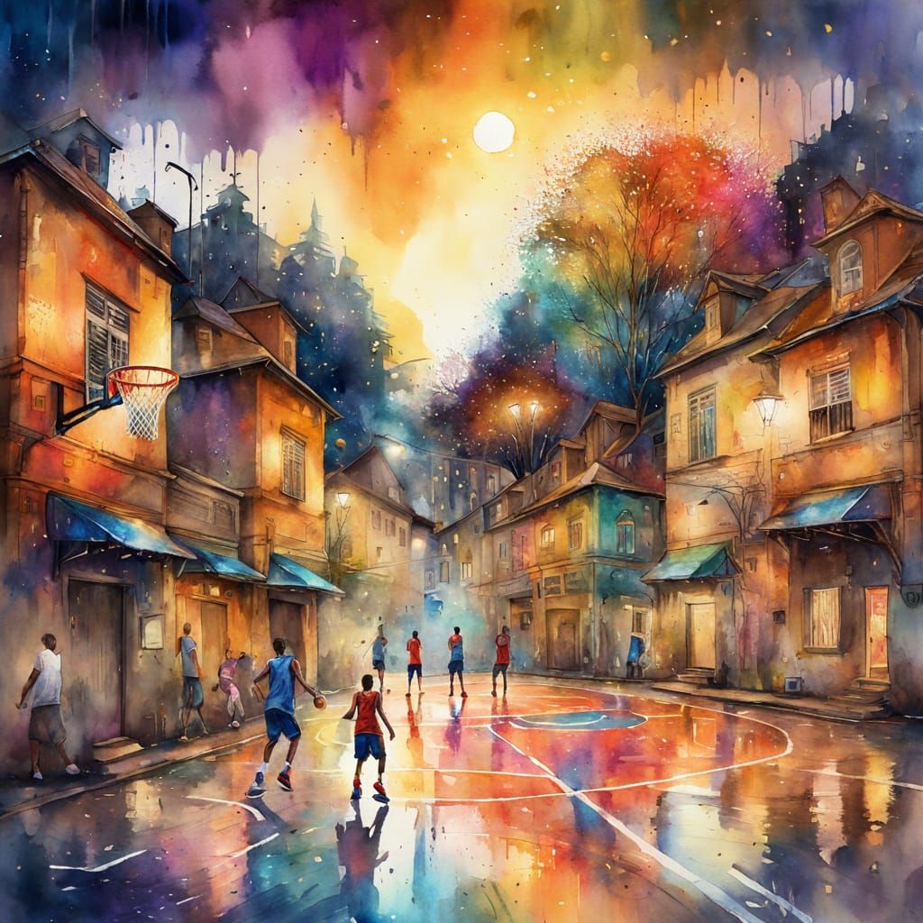 Neighborhood Basketball Game in Watercolor Style