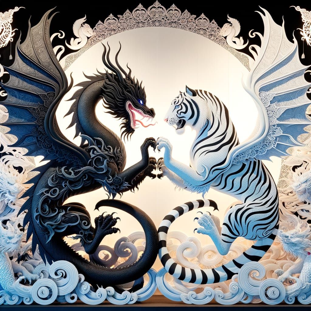 Celestial Dragon and White Tiger Love in Filigree