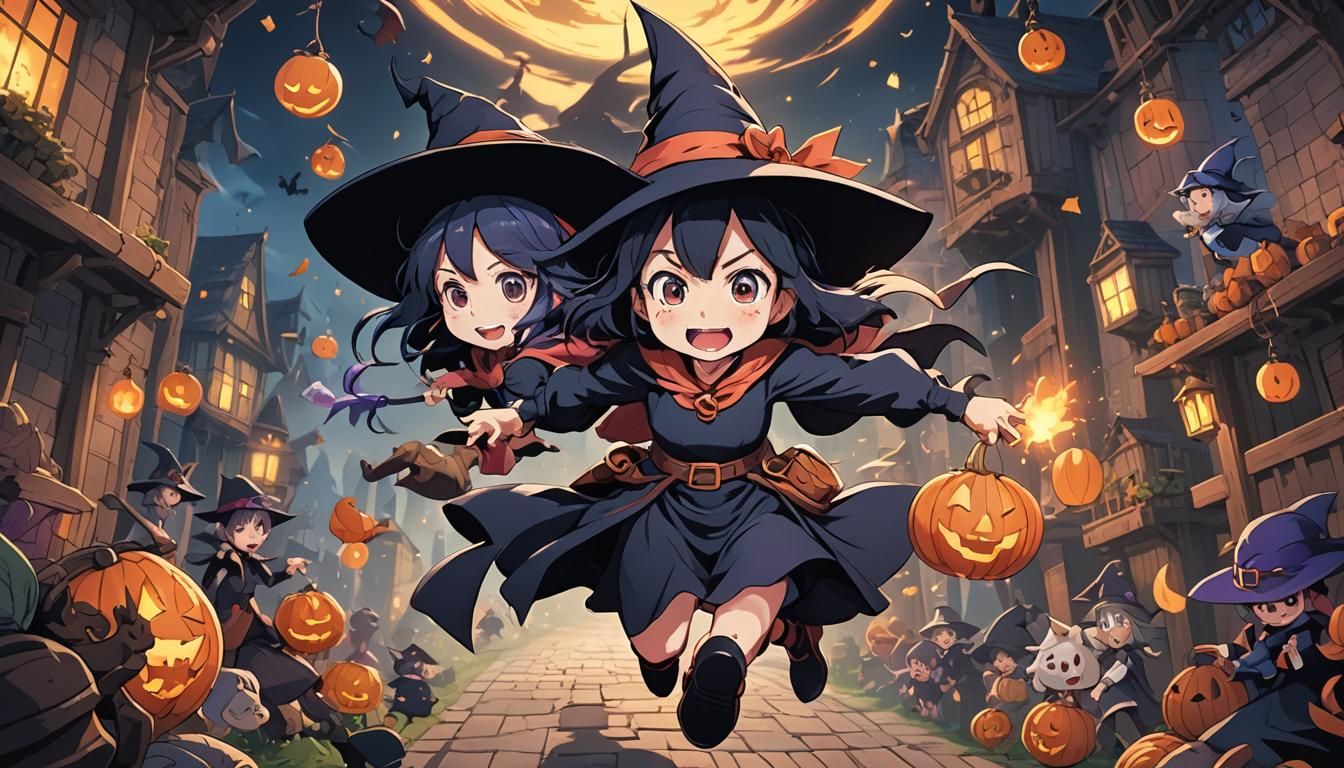 Cute Cartoon Witch's Epic Entrance in Anime Style
