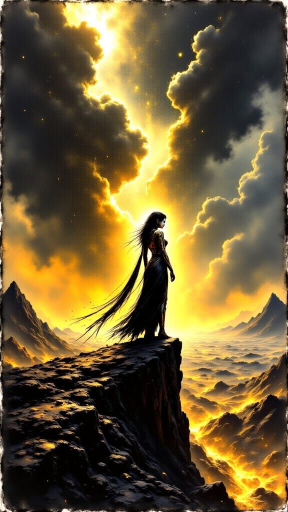 Fire Elf Portrait on Volcanic Cliff in Fantasy Art