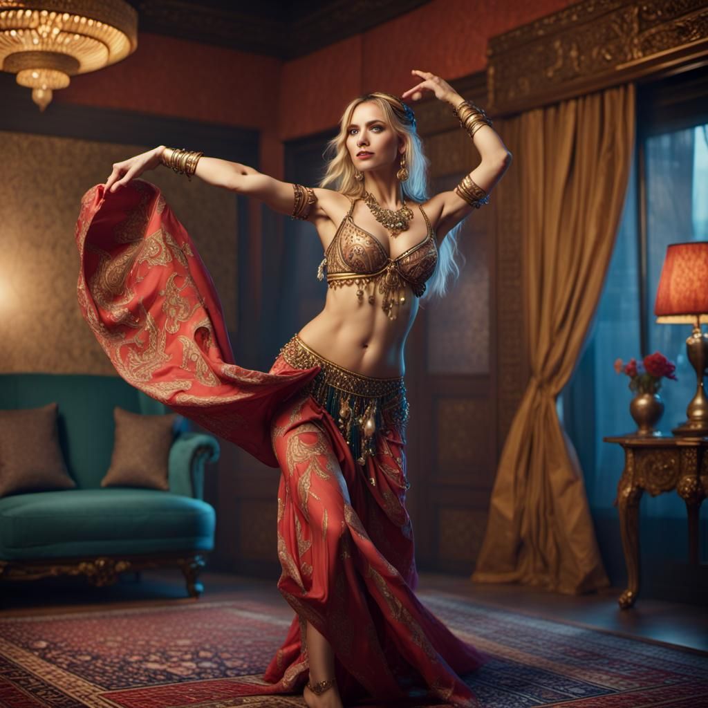 Blonde Woman Belly Dancer in Hotel Room