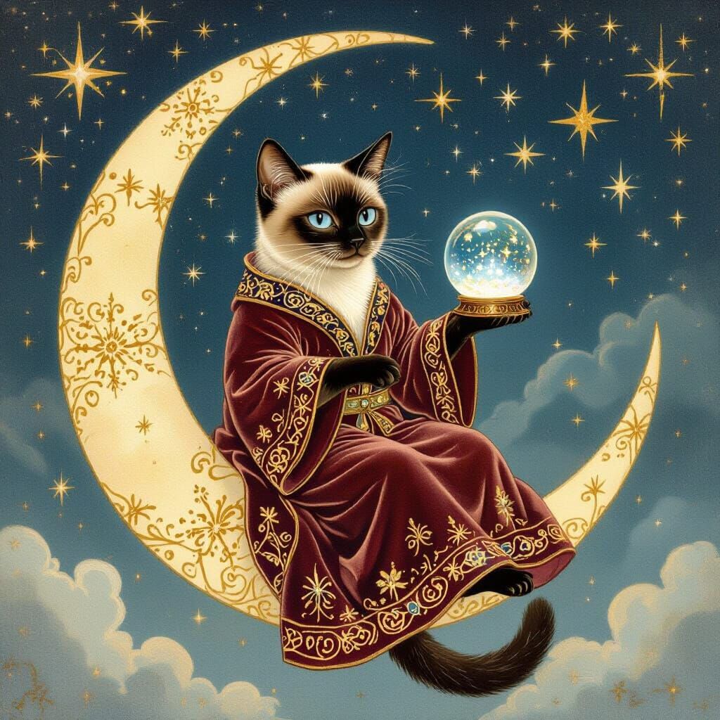 Siamese Cat in Velvet Robe on Crescent Moon