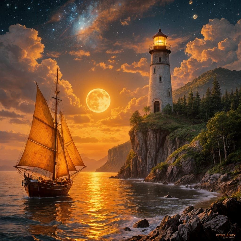 Fantasy Seascape: Lighthouse and Sailboat Oil Painting