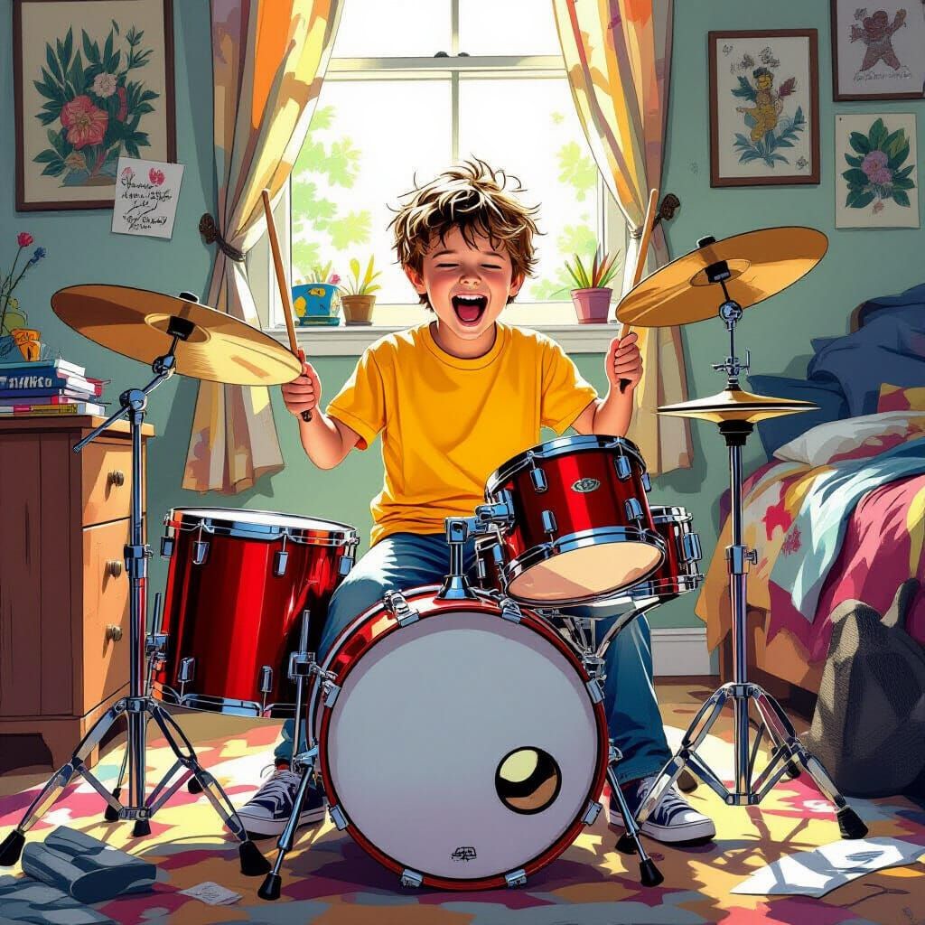Boy Plays Drums: Comic Book Style Illustration