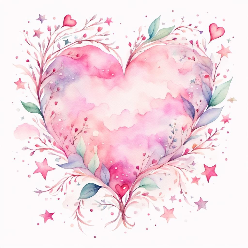 Pink Heart in Pastel Watercolor with Stars